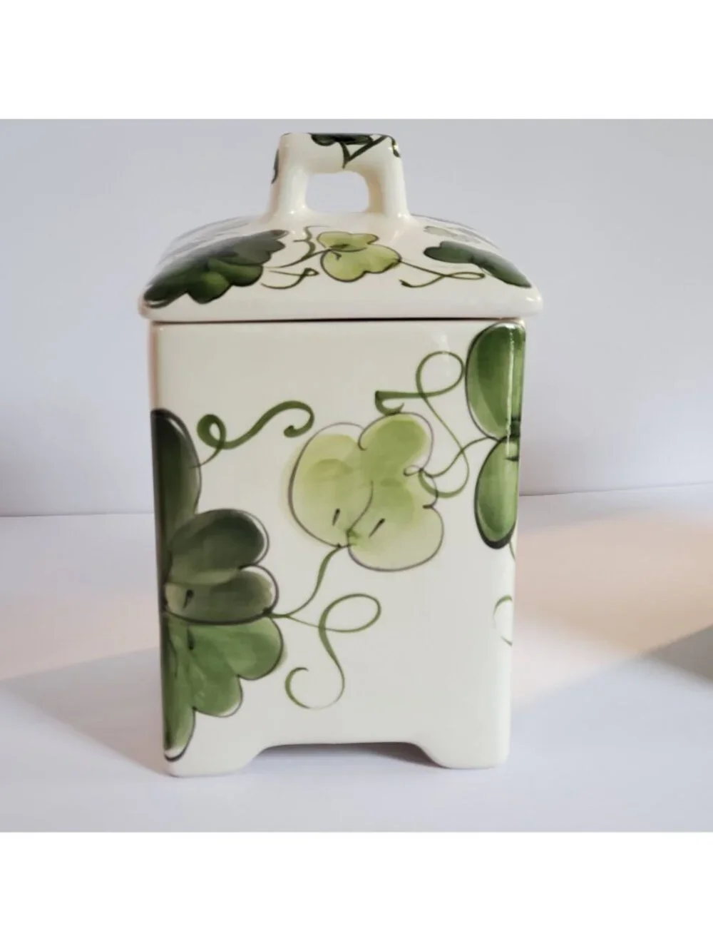 Jay Wilfred Canisters Square Ceramic Ivory Green Leaf Design Portugal - Set of 2